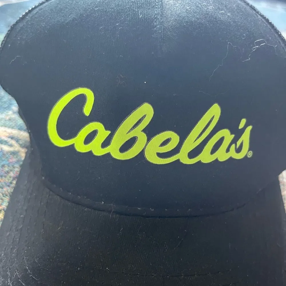 Cabela's Black Fishing Hat with Bright Green Logo SnapBack Hunting Adjustable
